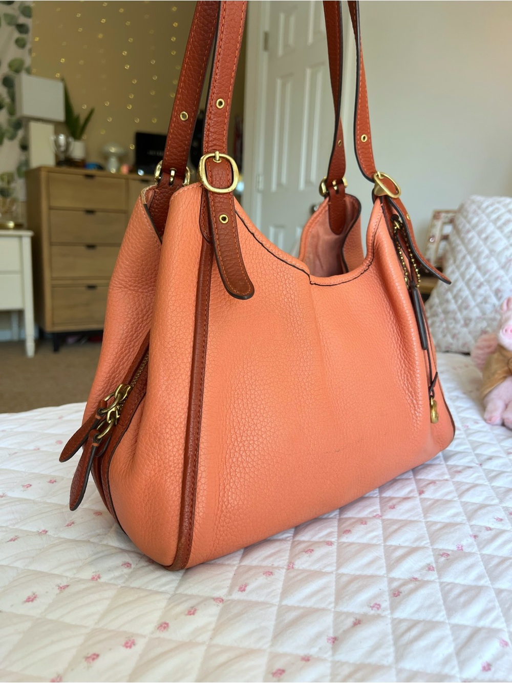 COACH Lori Coral Burnt Orange Colorblock Pebble Leather Vintage Shoulder Bag - Picture 4 of 9
